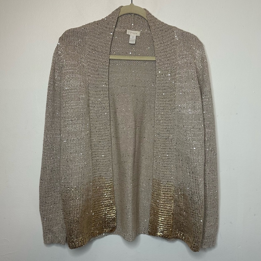 Chicos Holiday Gold Sequin Christmas New Years Party Cardigan Size 1 Medium M